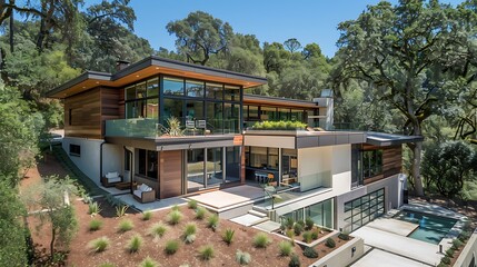 A modern architectural home with an innovative design, featuring clean lines, expansive windows, and sustainable materials that blend seamlessly with nature.


