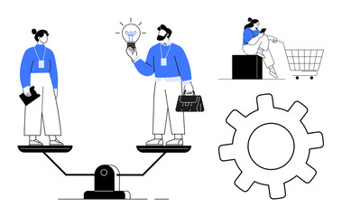 Man and woman balancing on seesaw, exchanging ideas, lightbulb shopping cart sitting on box with laptop cogwheel. Ideal for teamwork, balance in life, gender equality, ideas exchange, decision
