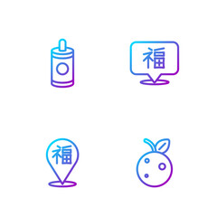 Set line Peach fruit or nectarine, Chinese New Year, Firework and . Gradient color icons. Vector