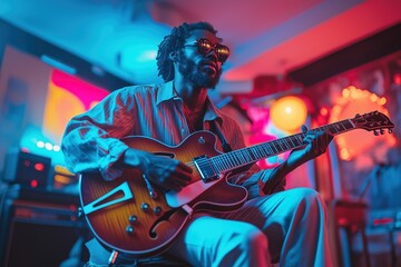 Obraz premium Guitarist delivers powerful blues solo in vibrant venue