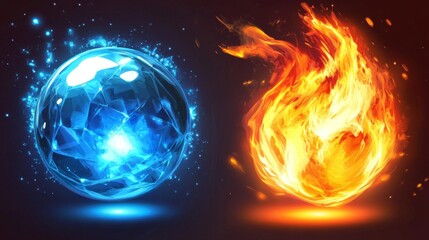 Magic energy ball and blue fire power orb game icon with light glow effect. Fireball sphere round vector portal swirl element. 3d cristal flame burst flare with steam set. Abstract radial asset kit