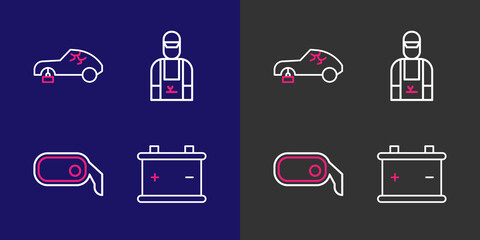 Set line Car battery, rearview mirror, mechanic and Broken car icon. Vector
