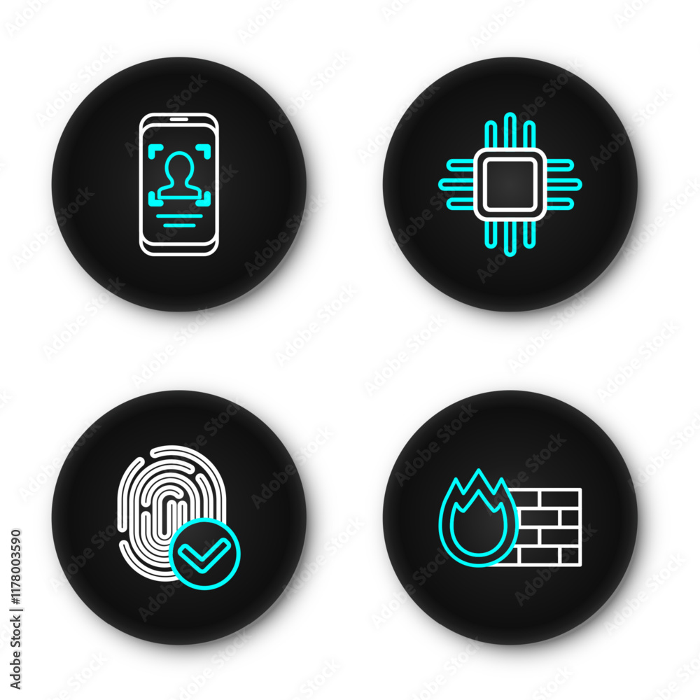 Poster set line firewall, security wall, fingerprint, processor with microcircuits cpu and mobile and face 