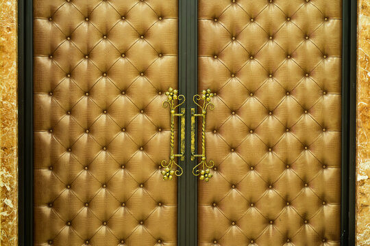 Luxury Gold Tufted Leather Doors With Ornate Brass Handles Desig