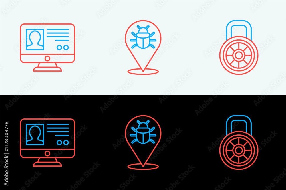 Poster set line safe combination lock, create account screen and system bug icon. vector