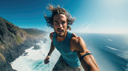 Adventurous hiker in picturesque mountain landscape at sunrise.