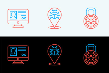 Set line Safe combination lock, Create account screen and System bug icon. Vector
