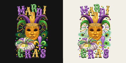 Composition with carnival golden venetian face mask in jester harlequin hat, traditional festival Mardi Gras food king cake. Peacock feathers, bead behind. T shirt graphics