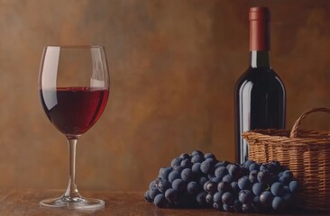 Fototapeta premium Red wine in a glass and bottle with grapes on a wooden table against a brown background, with copy space for text Red wine in glasses, bottles of wine, a basket full of blue-black grapes Generative AI