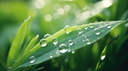 Fresh Dew Drops on Green Leaf: Macro Photography of Rain-Kissed Botanical Beauty