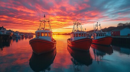 Fototapeta premium Three Fishing Boats at Sunset in a Harbor