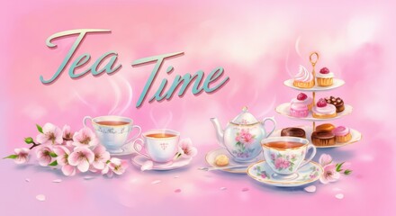 Elegant tea time setup with delicate cups and a tiered dessert stand