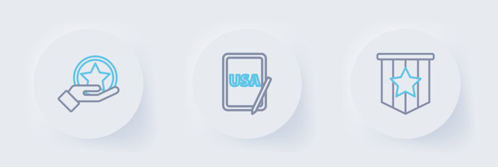 Set line American flag, USA on graphic tablet and Independence day icon. Vector