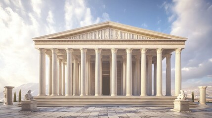 Obraz premium Ancient greek temple with pillars. Vector realistic antique building front with white marble arches and columns with capital in doric style. Background with roman palace entrance