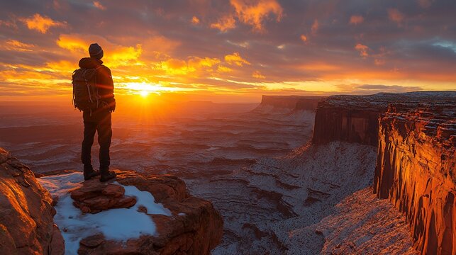 Hiker Observing Canyon Sunset Winter Landscape