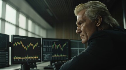 Alien businessman analyzing stock market trends with multiple monitors in sci fi theme