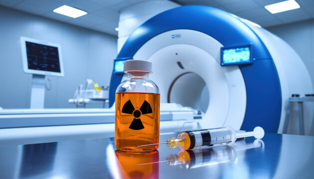 Radiopharmaceutical vial and syringe in a modern MRI room