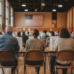 Obraz premium American citizens participating in elections inside a community center with flag backdrop