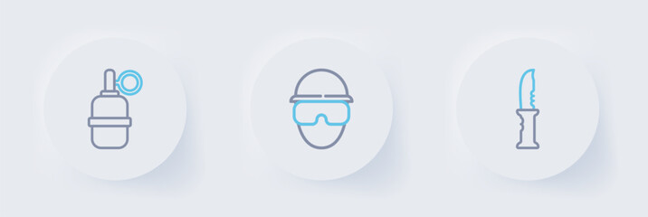 Set line Military knife, Special forces soldier and Hand grenade icon. Vector