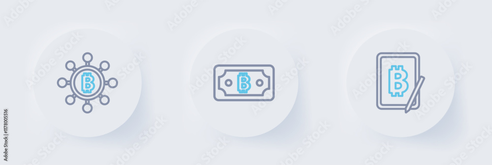 Poster set line mining bitcoin from tablet, cryptocurrency and blockchain technology bitcoin icon. vector