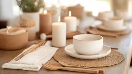 eco-friendly dinner setup, a casually set dining table with eco-friendly tableware, candles, and a host preparing to welcome guests for the evening