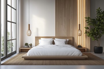 Modern minimalist bedroom interior design with natural elements and contemporary furnishing