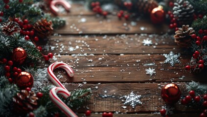 Festive Christmas Background with Candy Canes and Pine Cones