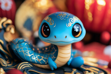 Naklejka premium A cute blue snake symbolizing the Chinese New Year - Year of the Snake, surrounded by festive elements like red lanterns and cherry blossoms, generative AI