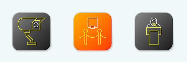 Set line Security camera, Picture and rope barrier and Gives lecture icon. Vector