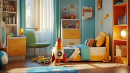 Boys bedroom with bed, bookshelf, cupboard, chair and toys box. Vector cartoon illustration of kids room interior with nightstand, books, ball, rocket, robot and night light on wall