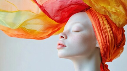 Albino woman with colorful fabric head wrap, eyes closed.