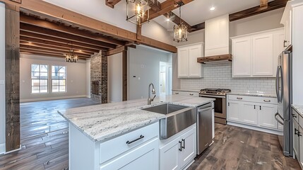 Fototapeta premium A modern farmhouse kitchen with white shaker cabinets, a farmhouse sink, exposed wooden beams, and stainless steel appliances creating a warm, inviting space.