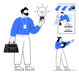 Man holding light bulb, online shopping on mobile, woman with tablet pointing. Ideal for innovation, e-commerce, teamwork, technology, business ideas online retail digital collaboration. Abstract