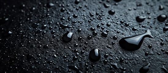 Dark Water Droplets on Black Stone Surface: Macro Photography