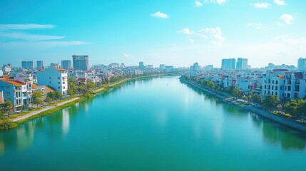 Serene riverfront view in a modern city vietnam aerial photography scenic panoramic perspective