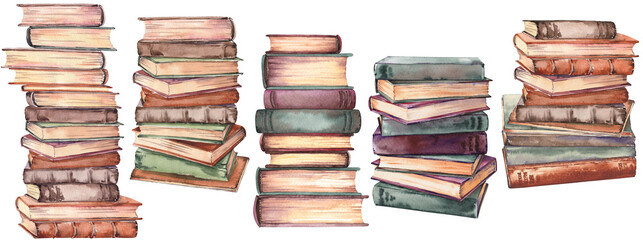 Stacks of old vintage books. Watercolor illustration isolated on white background.