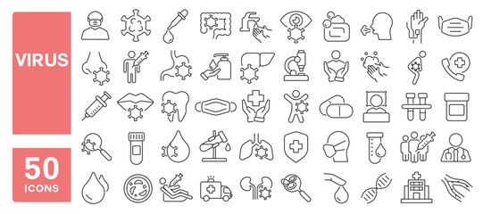 Set of 50 line icons related to virus, flu, contagion, disease, infection, fever, antibody, vaccine, germ, Editable stroke. Vector illustration