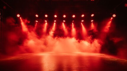 Fashion show runway with red lights on black background. Vector realistic illustration of long podium perspective illuminated with color floodlights, neon lamps glowing in smoke, catwalk design