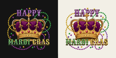 Mardi Gras emblem with golden imperial crown with red gemstones ruby, fleur de lis sign on points, intertwined interlaced strings of beads, text. Holiday composition in vintage style.