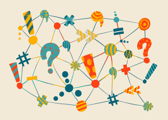 Various shapes and symbols interconnected with lines 