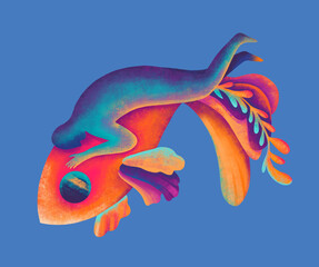 Person swimming with a fantasy fish 