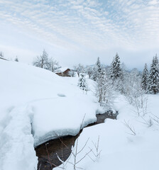 Brook in winter Carpathian Mountains.
