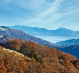 Morning fog in autumn Carpathian.