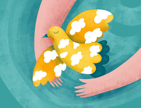 A colorful bird with cloud patterns in gentle hands 