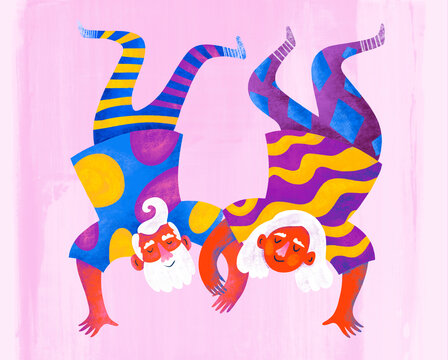 Two elder characters with joyful expressions stand on hands