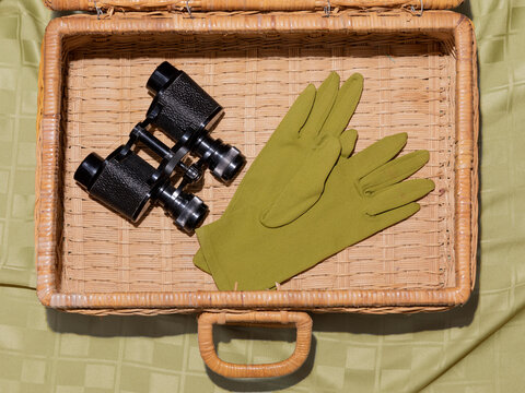 Gloves and Binoculars in open picnic basket
