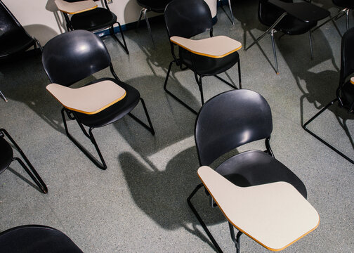 angular view of classroom desks