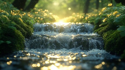 Sunlit Stream Flows Through Lush Green Forest With Yellow Flowers