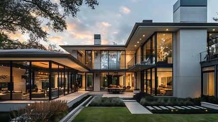 Obraz premium A modern house with an elegant, symmetrical design, featuring expansive windows, open spaces, and a clean, neutral color palette throughout the interior.