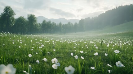 Serene meadow blossoms in morning light tranquil landscape nature photography vibrant greenery peaceful scene